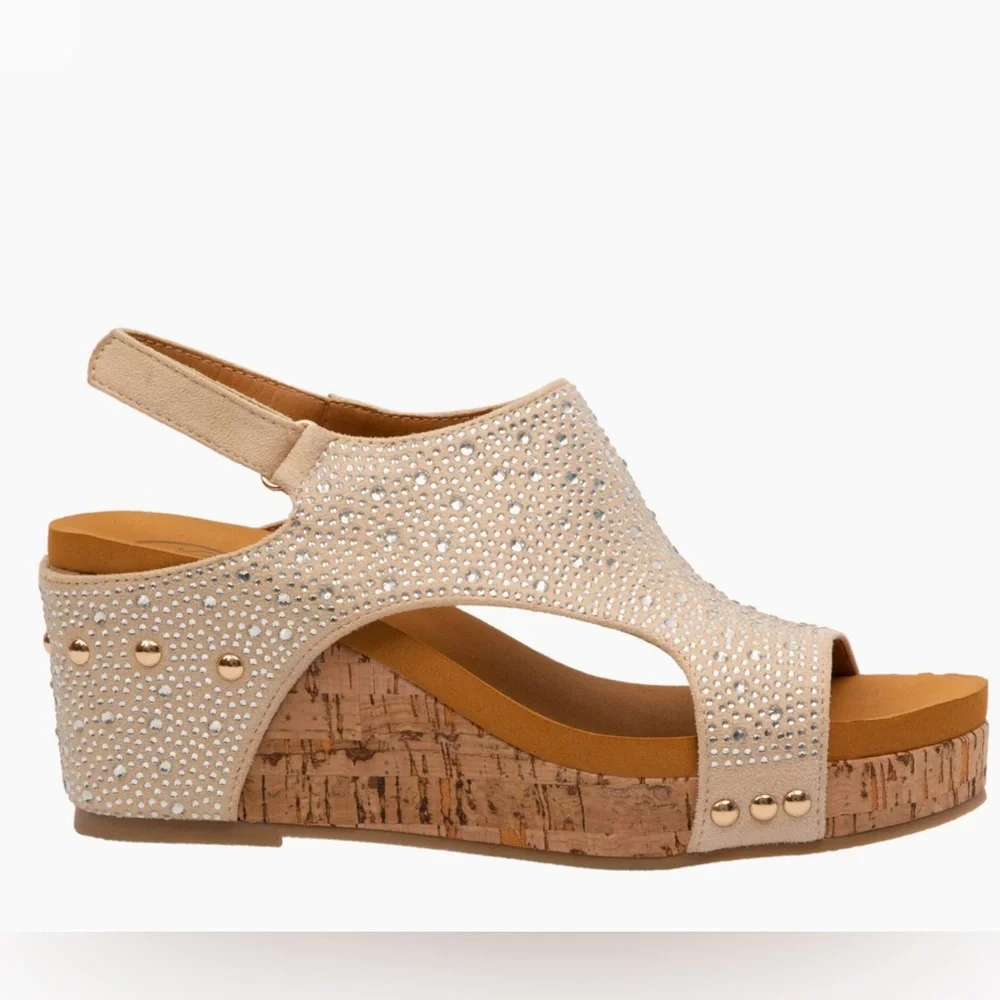 Made In Colombia Barbara Black Rhinestone Embellished Cork Sandal Wedges